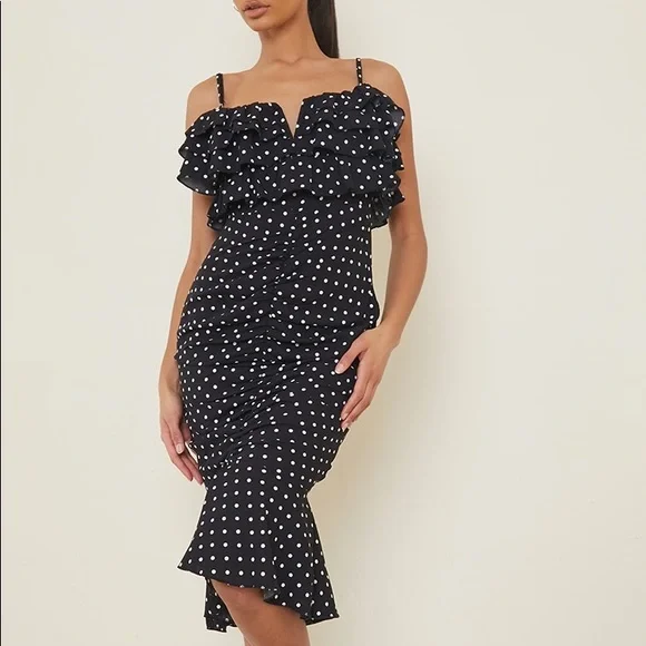 PrettyLittleThing | Dresses | Plt Black Polka Dot Ruffle Detail Gathered  Front Midi Dress Size 6 | Poshmark